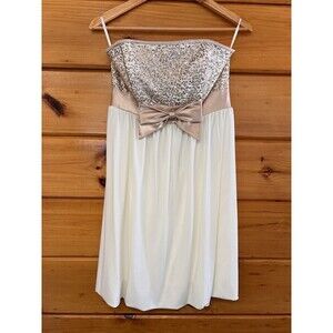 Jessica McClintock For Sax Gold, Cream, Gold Sequin Accent Strapless Dress. Sz 7